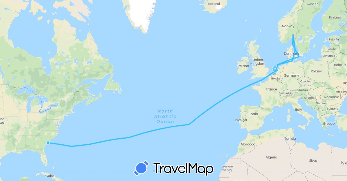 TravelMap itinerary: driving, boat in Bermuda, Germany, Denmark, Netherlands, Norway (Europe, North America)