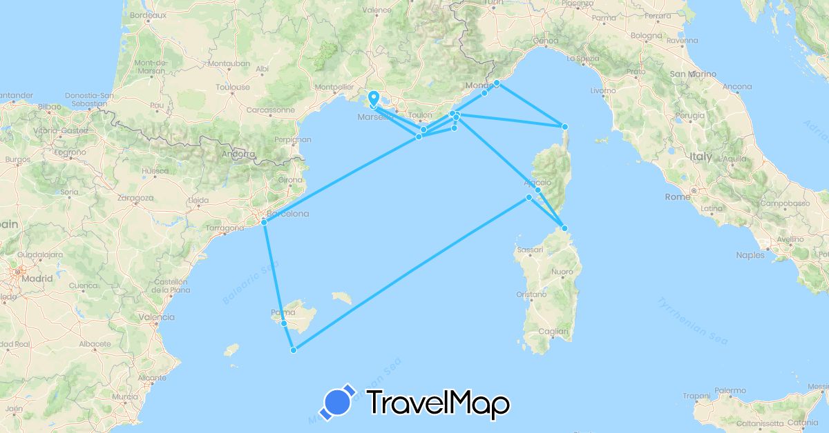 TravelMap itinerary: driving, boat in Spain, France, Italy (Europe)