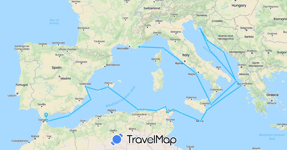 TravelMap itinerary: driving, boat in Algeria, Spain, France, Greece, Croatia, Italy, Morocco, Tunisia (Africa, Europe)