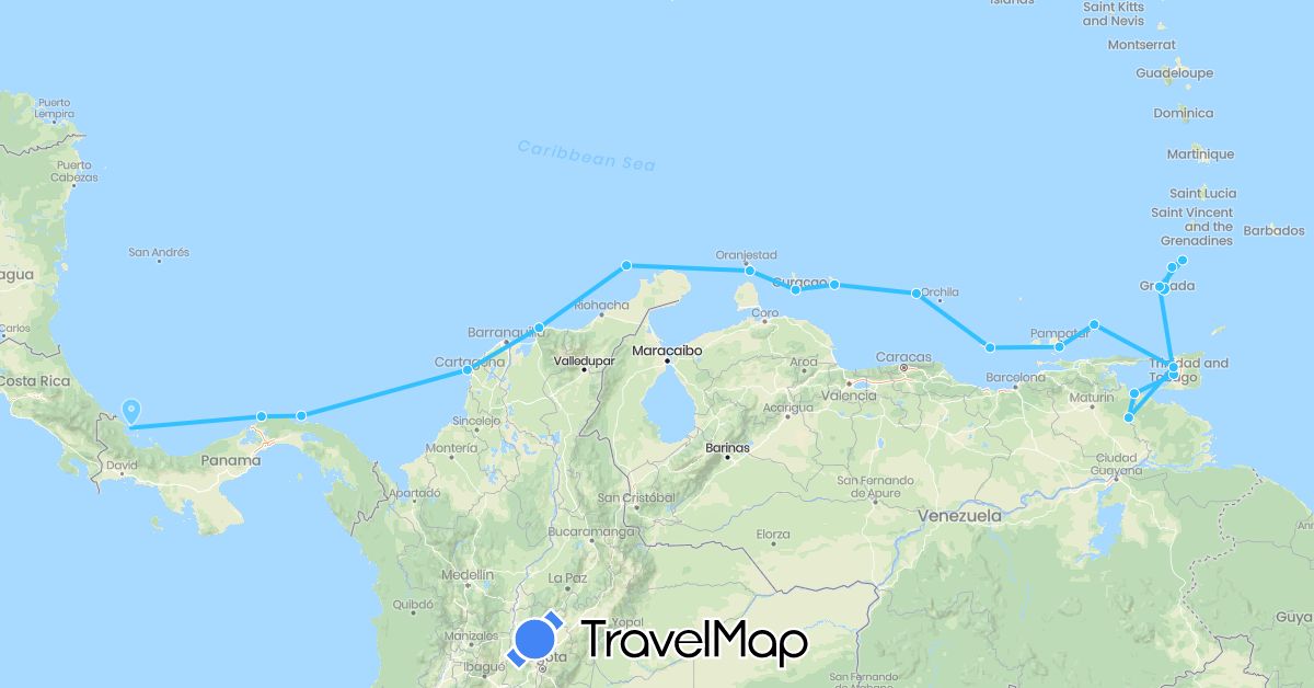 TravelMap itinerary: driving, boat in Colombia, Grenada, Panama, Trinidad and Tobago, Venezuela (North America, South America)