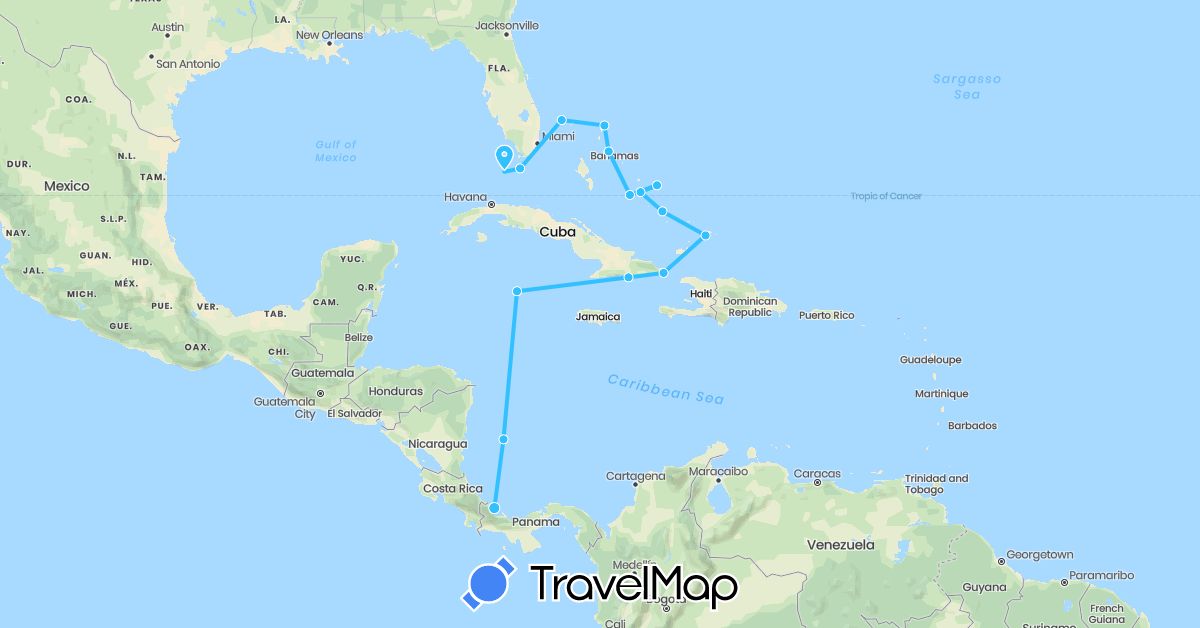 TravelMap itinerary: driving, boat in Bahamas, Colombia, Cuba, Cayman Islands, Panama, Turks and Caicos Islands, United States (North America, South America)