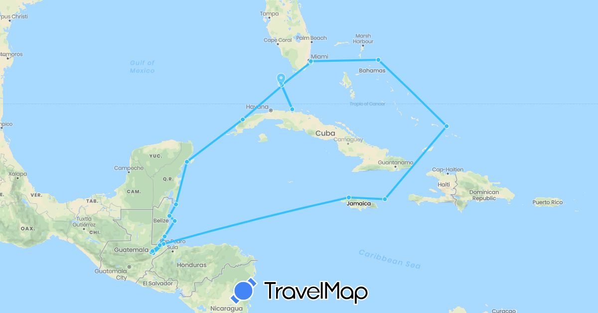 TravelMap itinerary: boat in Belize, Cuba, Guatemala, Jamaica, Mexico, United States (North America)
